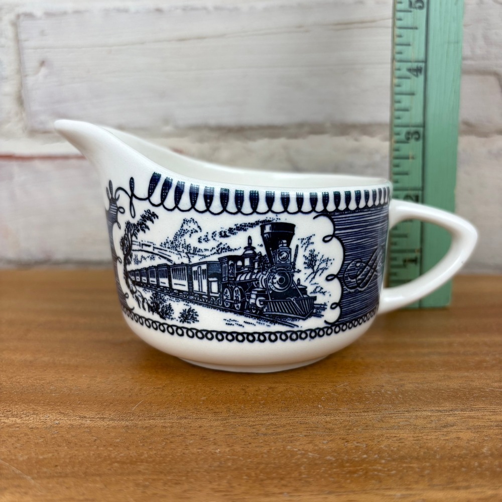 Vintage Blue Transferware Train Creamer Currier & Ives Style‎ Locomotive